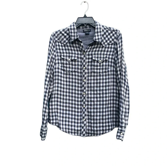 Lucky Brand Women’s Size Medium Blue Gray Plaid Button Down Flannel Shirt - Picture 1 of 5